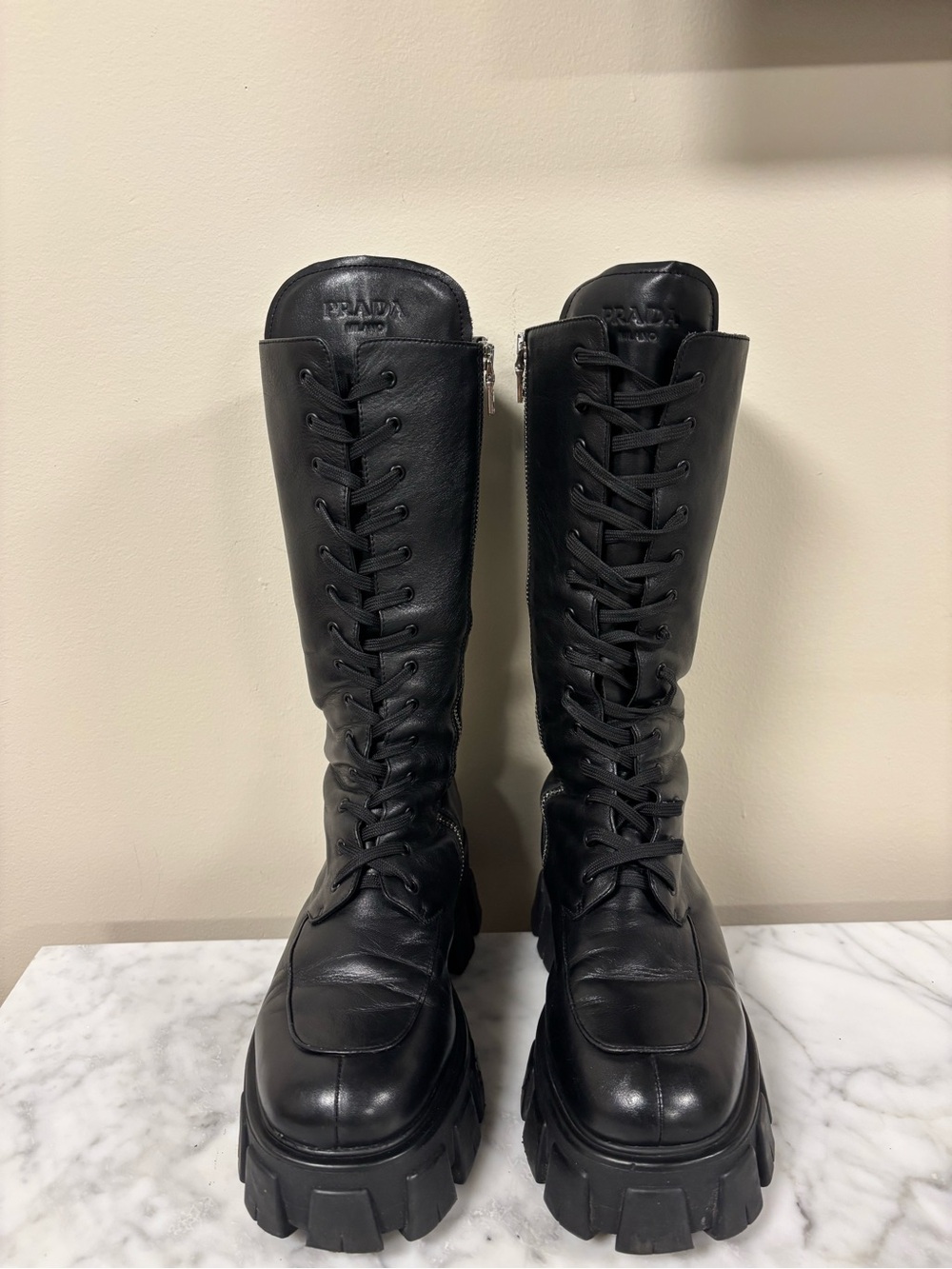 Prada Black Leather Lace-Up Platform Knee Boots